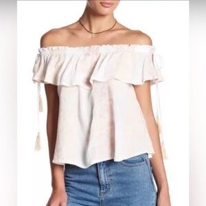 ASTR The Label Embroidered Off Shoulder Tassels Ruffle Neckline Top M